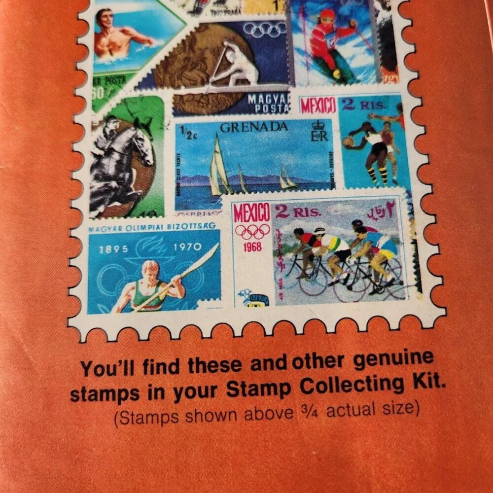 New The World of Sports Stamp Collecting Kit 42 Stamps Album book VINTAGE